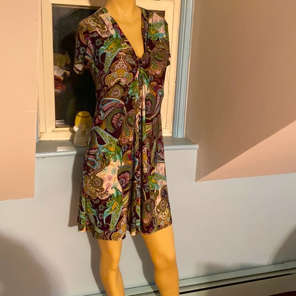 EVAN PICONE PURPLE / Green Fleur de’ Lis PRINT Dress Juniors Sz 8 - Picture 3 of 7